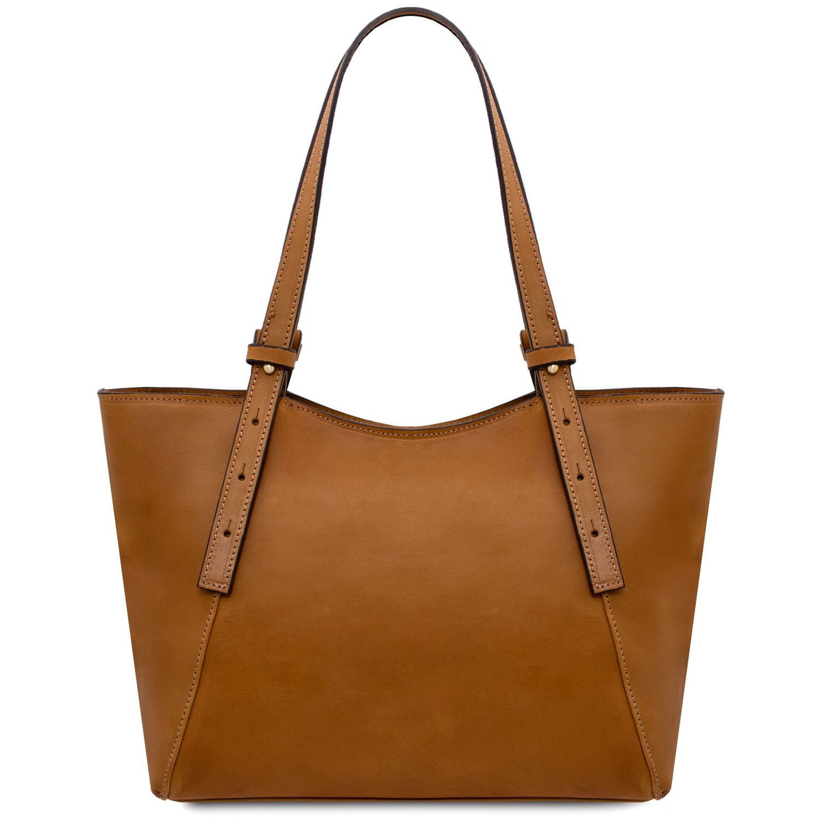 Side view of Libra tan leather tote with long buckled handles and stitched edges