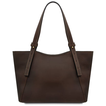 Dark brown Libra leather tote with long double handles and beige stitching, front view