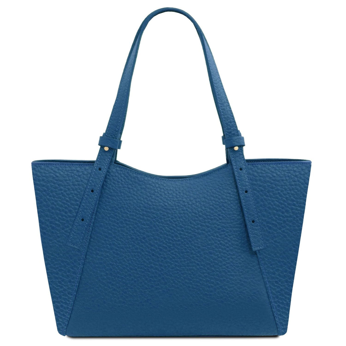Libra long handle blue pebbled leather tote bag with curved top edge