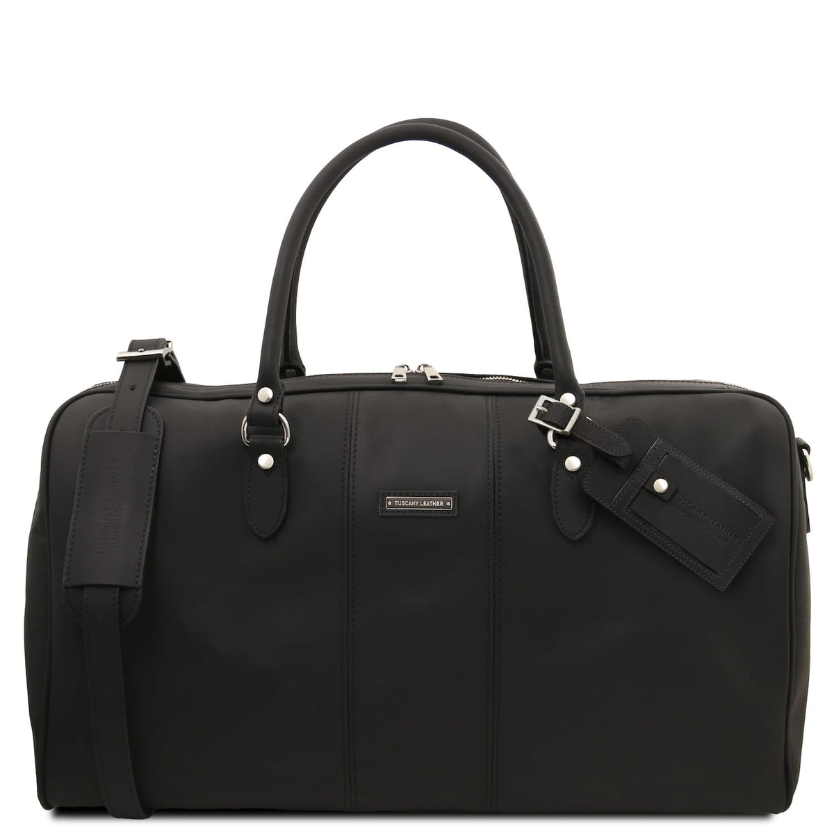 Negro Lisbona travel leather duffle with dos asas superiores and a correa de hombro extraíble