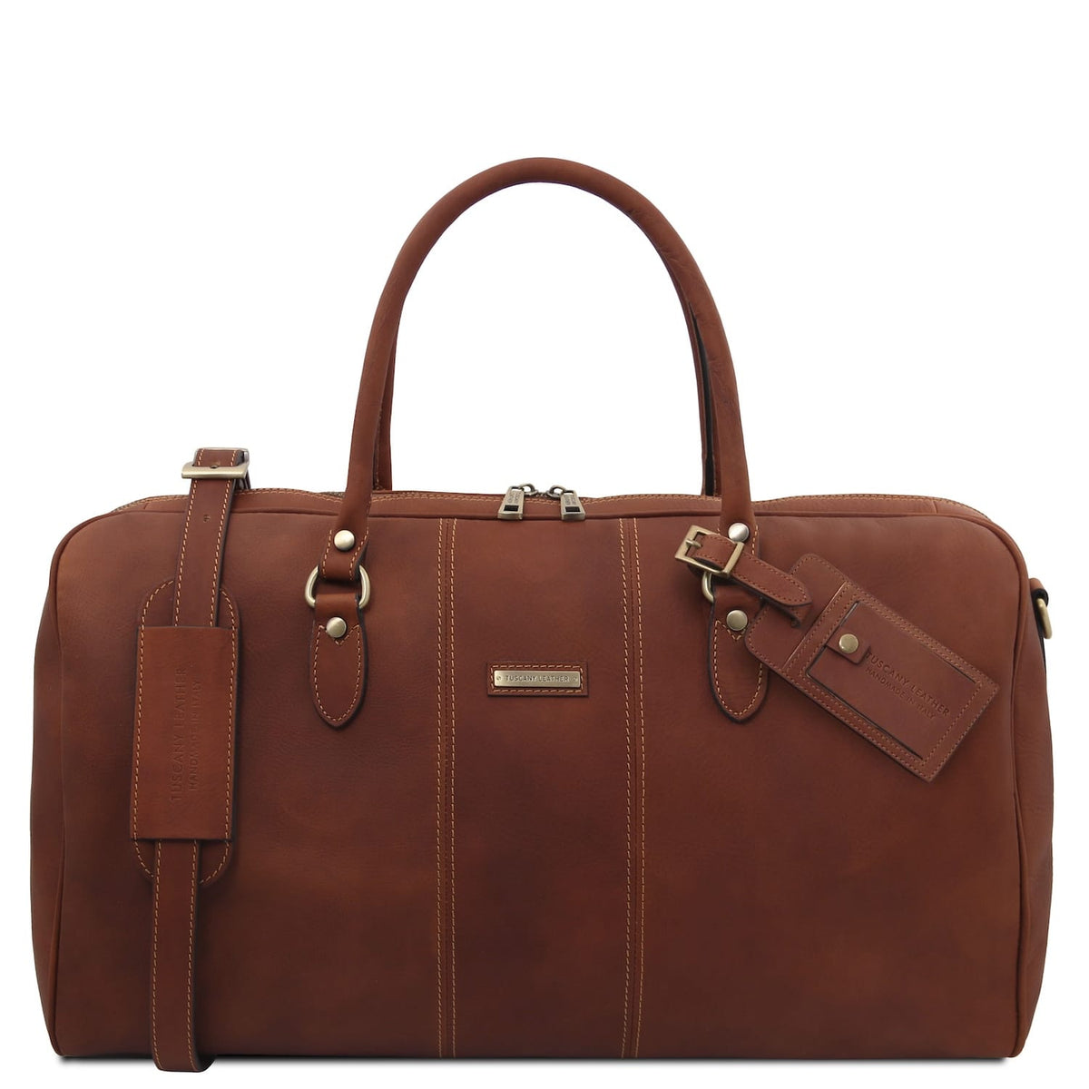 Marrón Lisbona Travel Leather Duffle bag in large size with twin asas superiores and luggage tag
