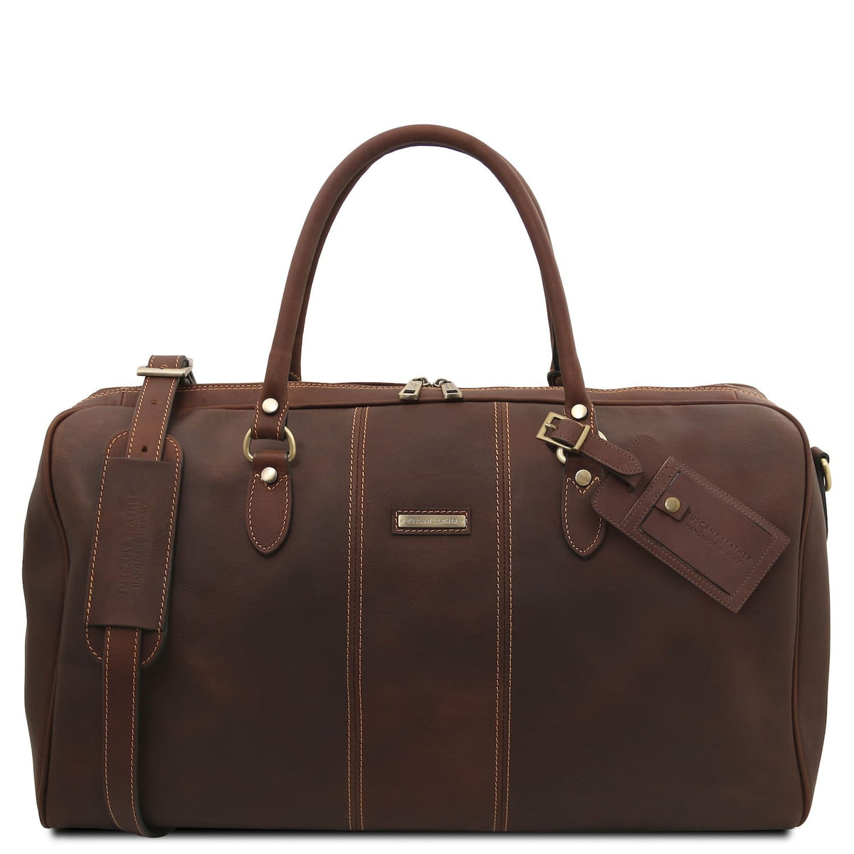 Lisbona large travel leather duffle bag in rich brown with dos asas superiores and brass hardware