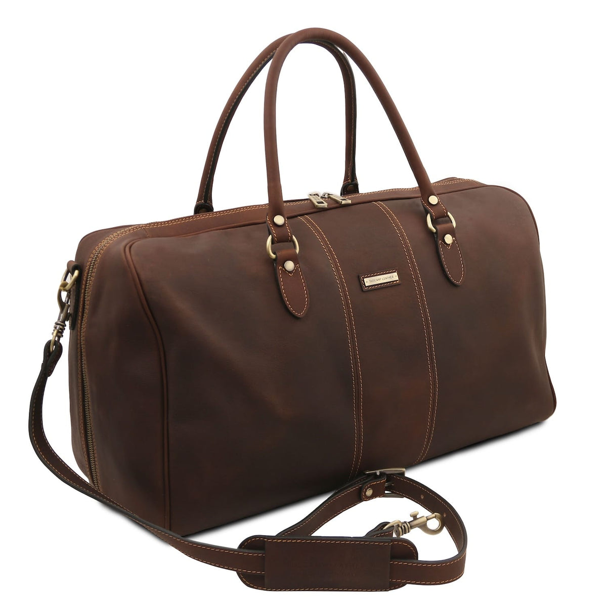 Lisbona Travel Leather Duffle bag large size in brown leather with two handles and herrajes dorados