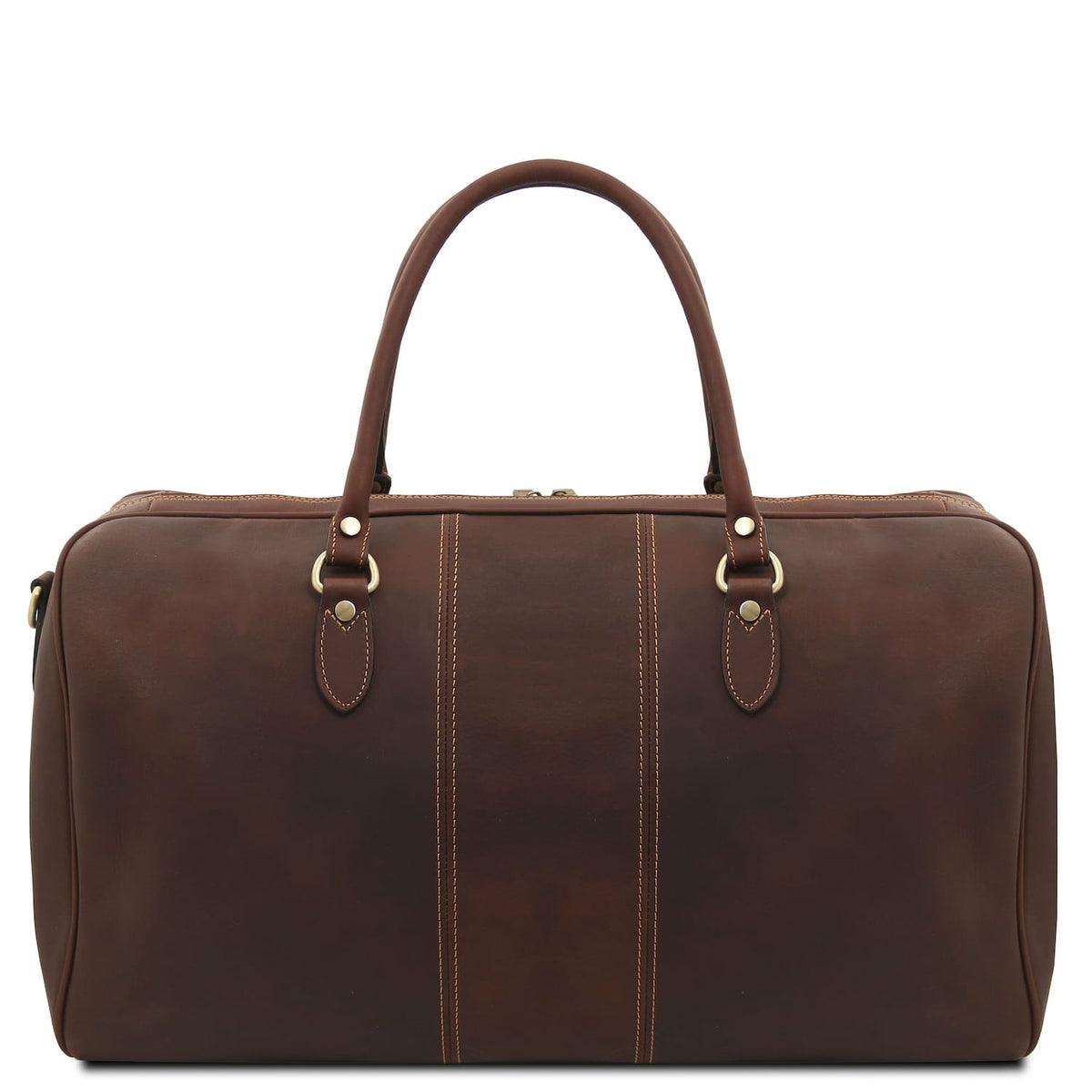 Vista frontal of Lisbona Travel Leather Duffle bag large size in brown leather with two handles and gold accents