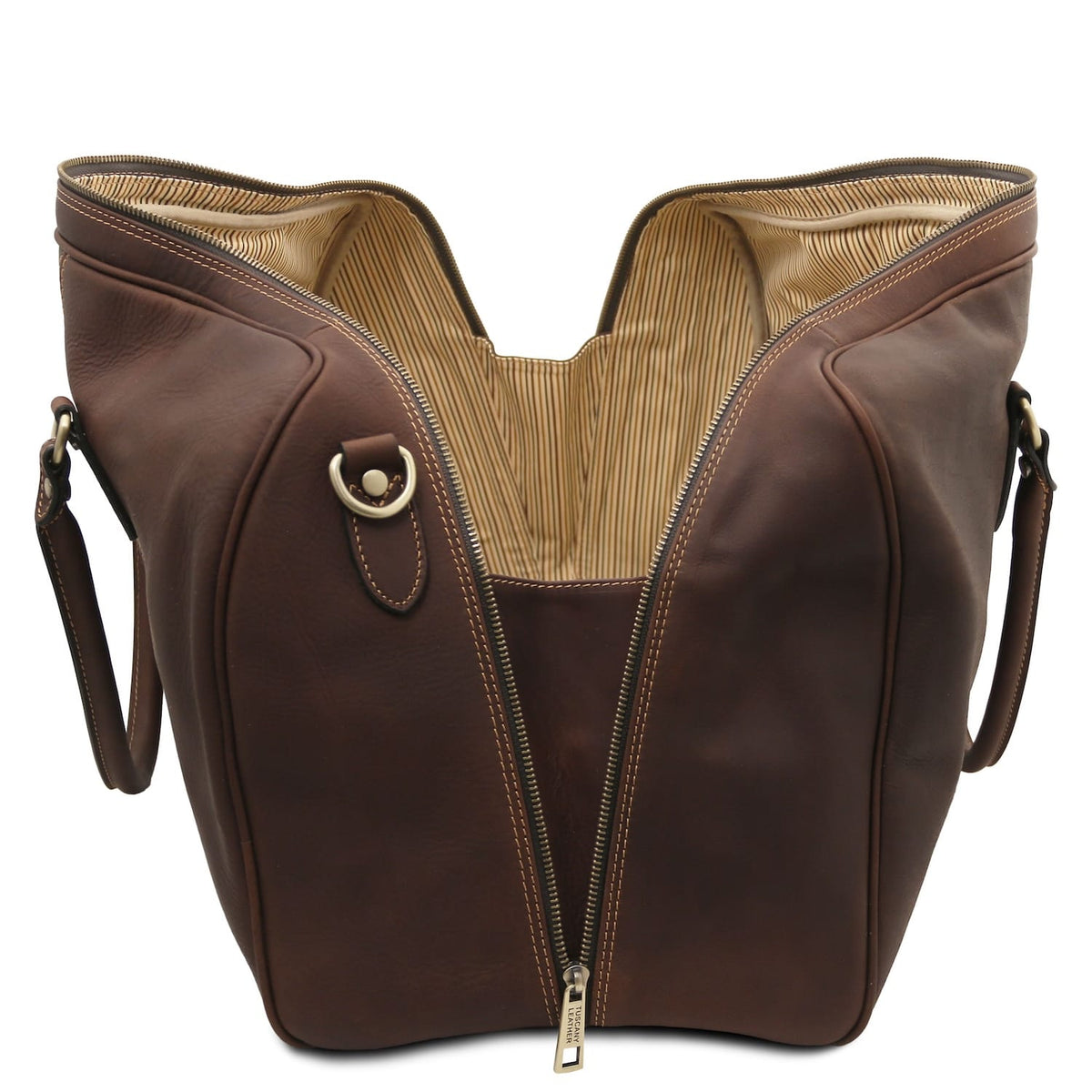 Gran bolso de viaje Lisbona de piel marrón con interior beige a rayas y abertura central con cremallera