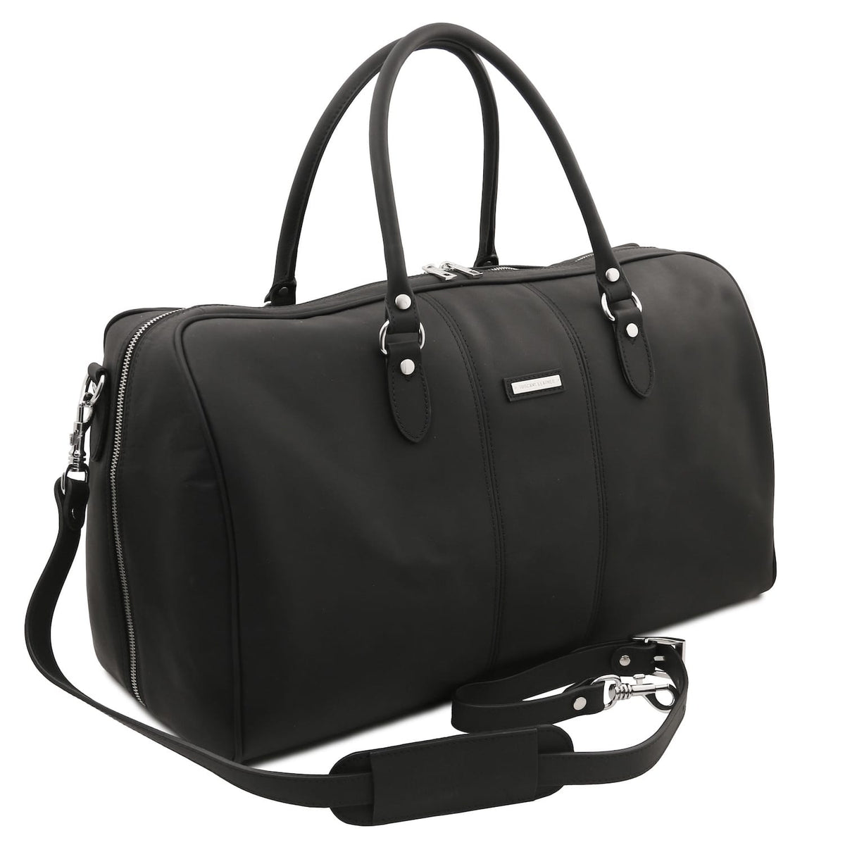 Lisbona large Travel Leather Duffle bag in black with dos asas superiores and a correa de hombro extraíble
