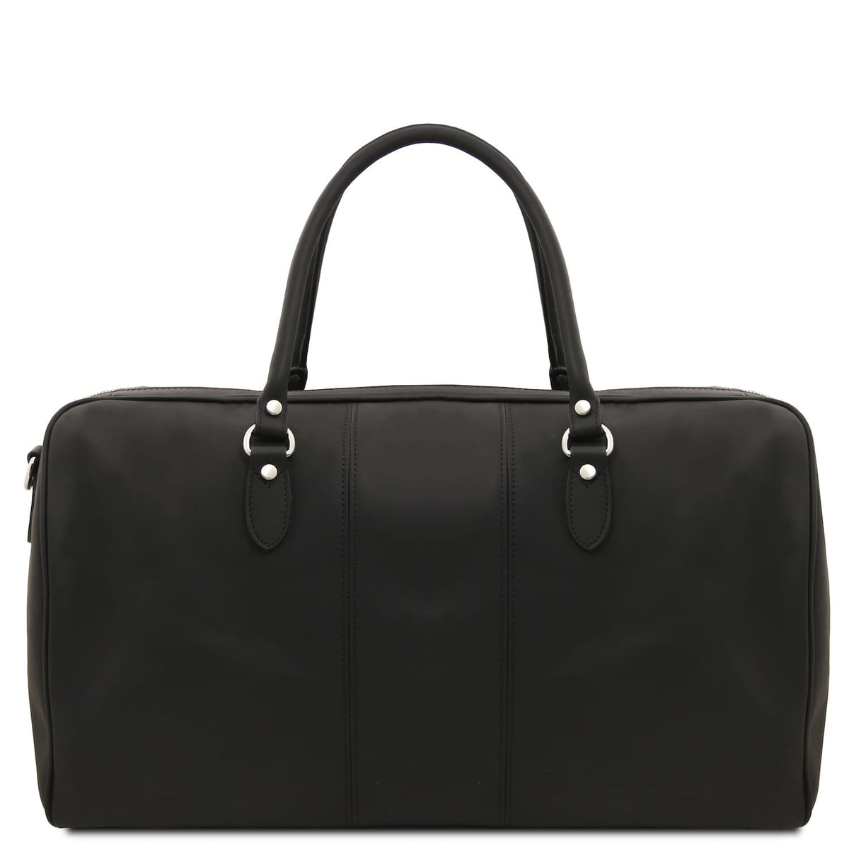 Negro Lisbona travel leather duffle bag with dos asas superiores and herrajes plateados