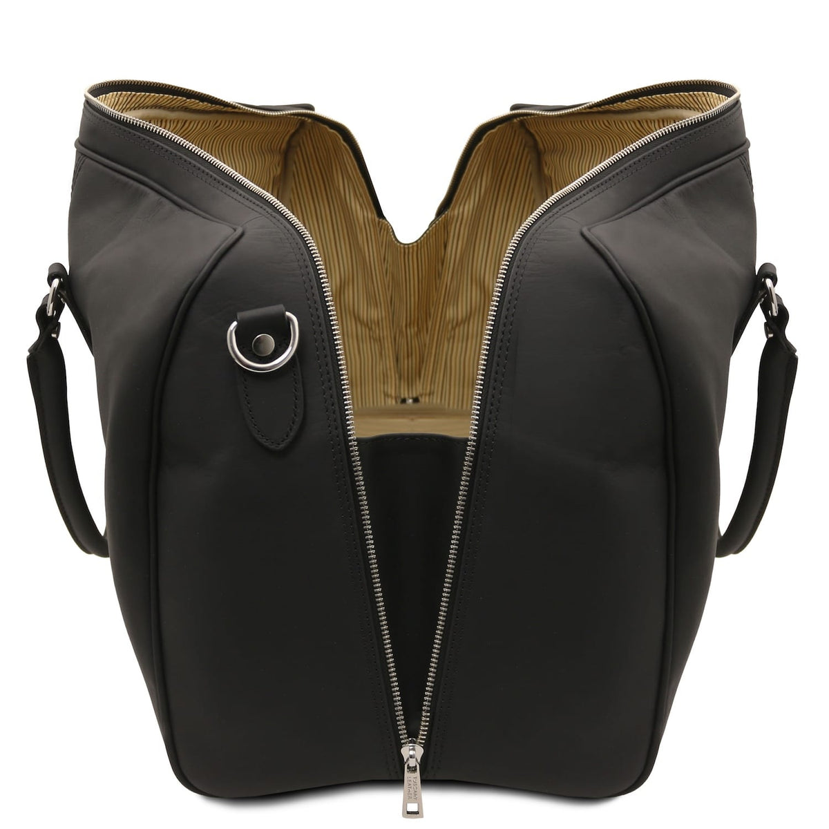 Gran bolso de viaje Lisbona de piel negra con cremalleras superiores abiertas mostrando el interior beige a rayas