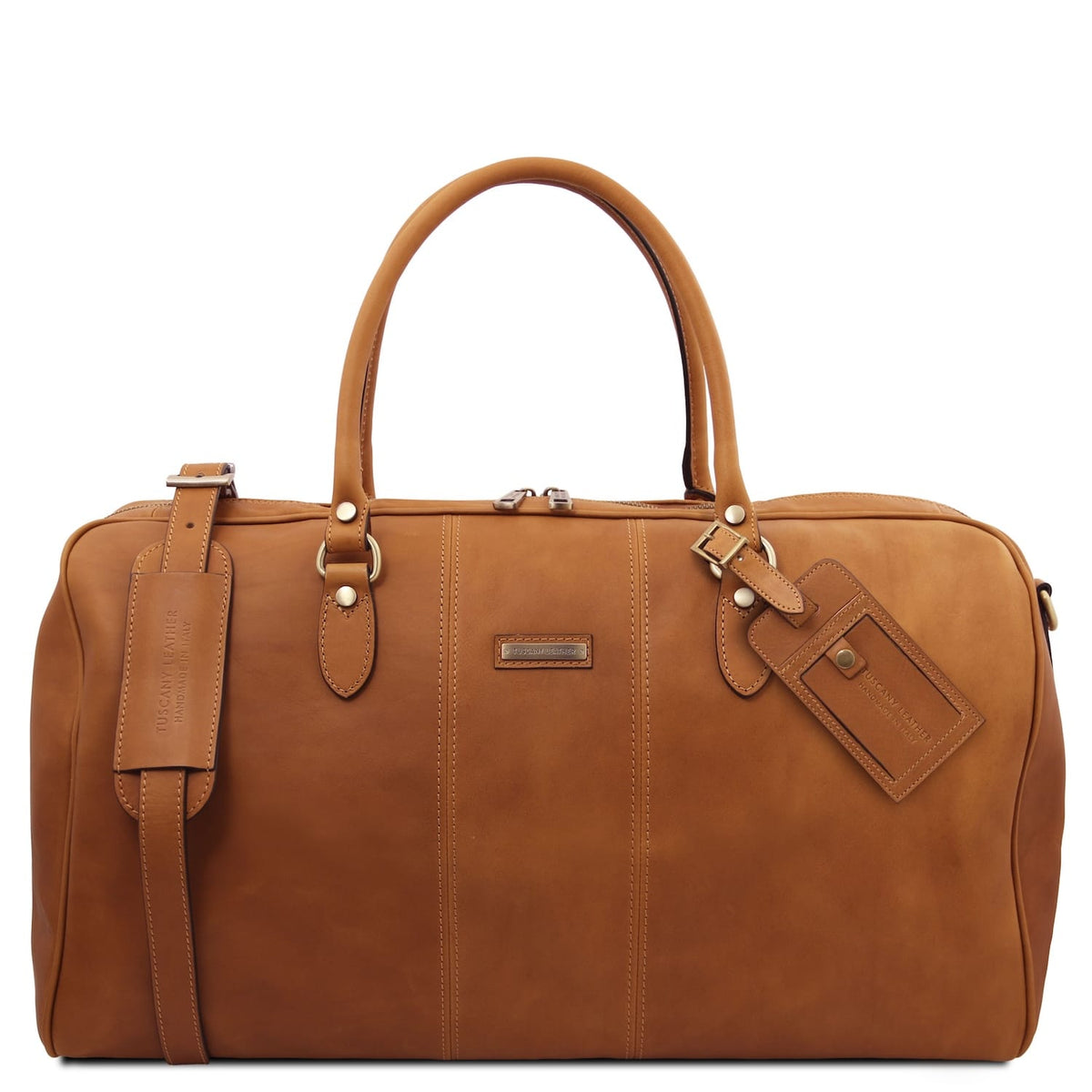 Lisbona travel leather duffle bag large size in cuero leather with dos asas superiores and luggage tag