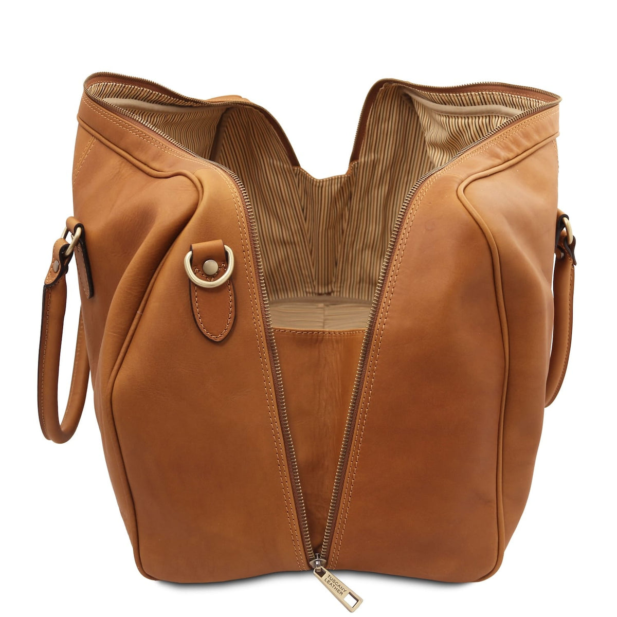 Abierto top view of Lisbona Travel Leather Duffle bag large size showing striped interior and inner zipper pocket.