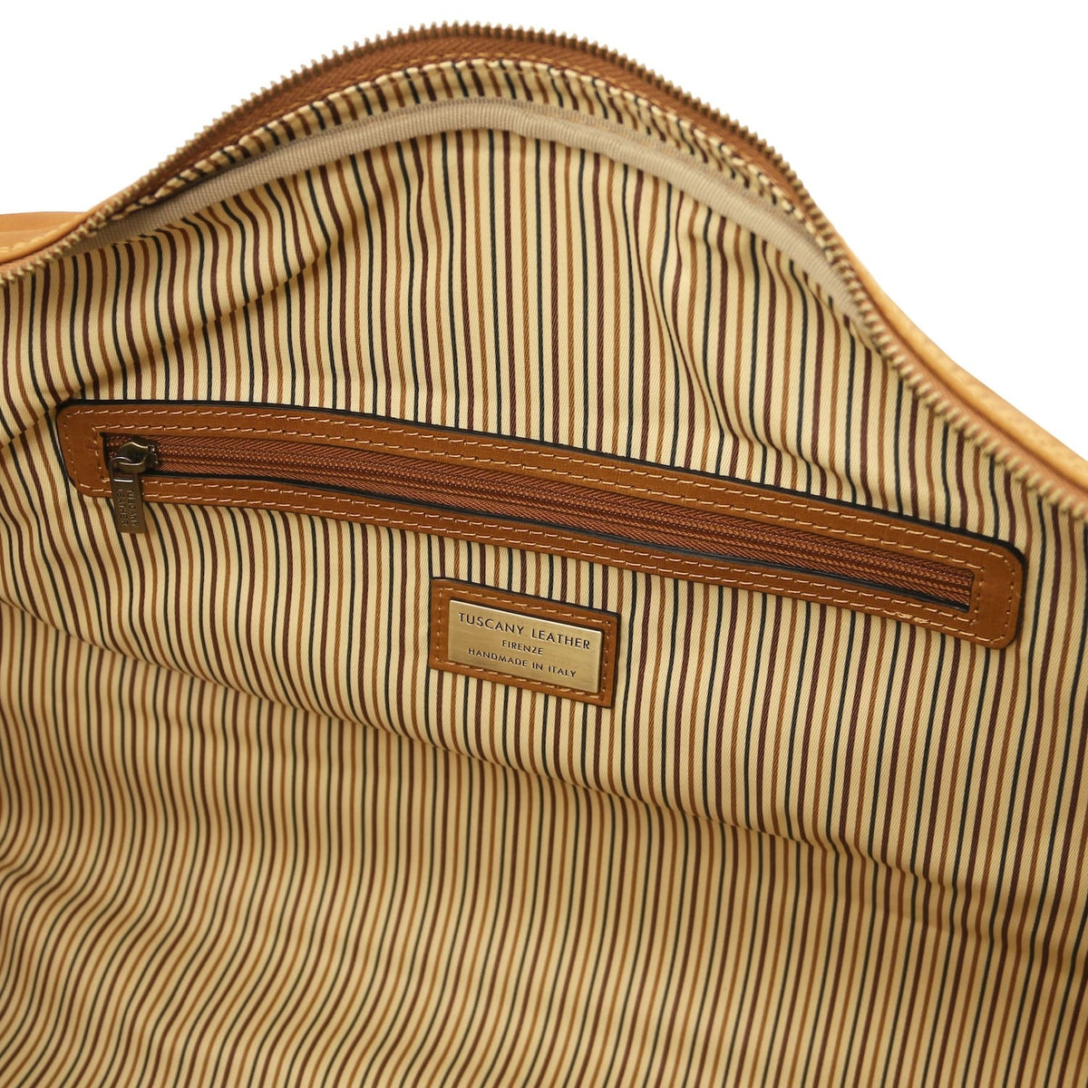 Lisbona large travel leather duffle interior with cuero striped lining and bolsillo con cremallera