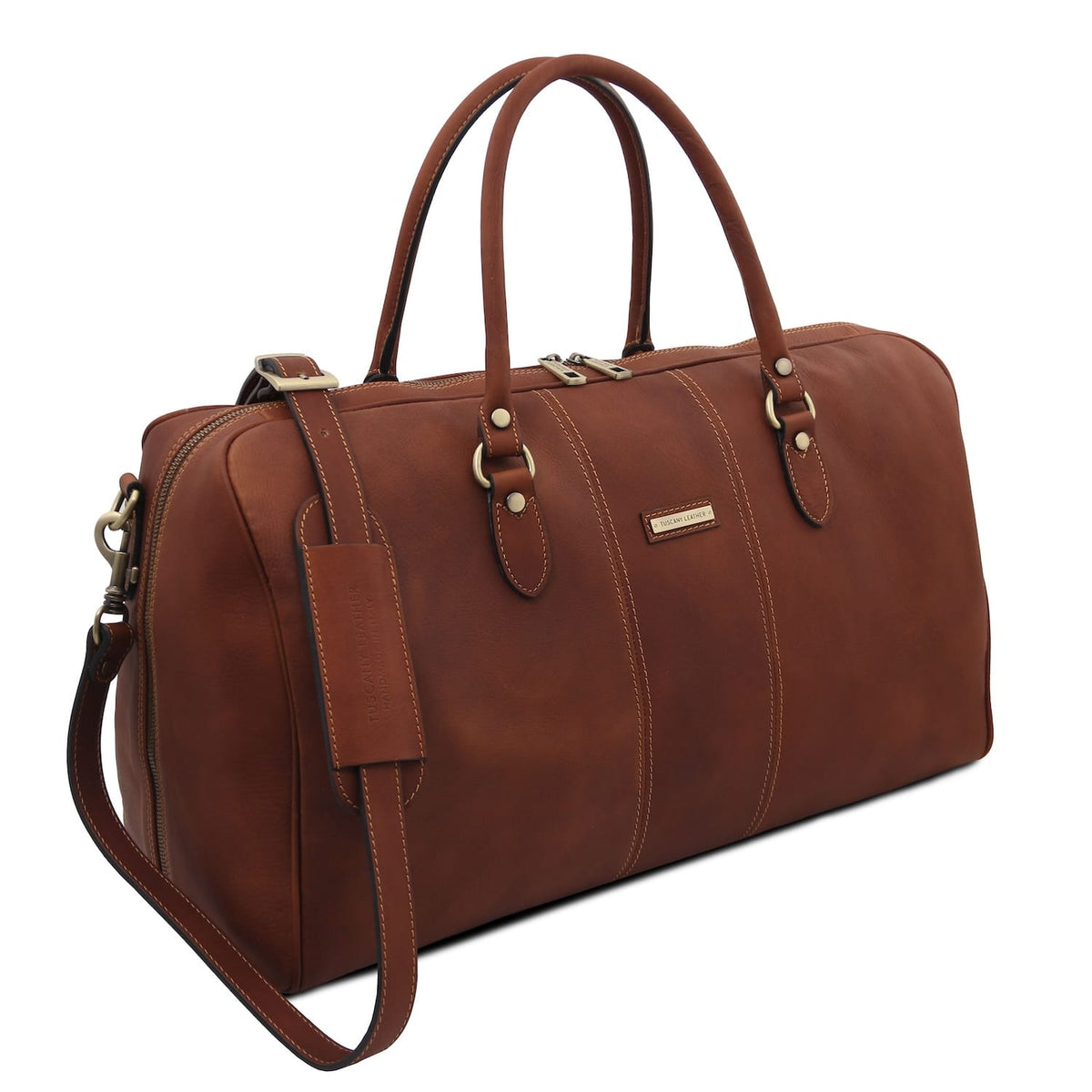 Lisbona large travel leather duffle bag in brown with dos asas superiores and correa de hombro extraíble vista frontal