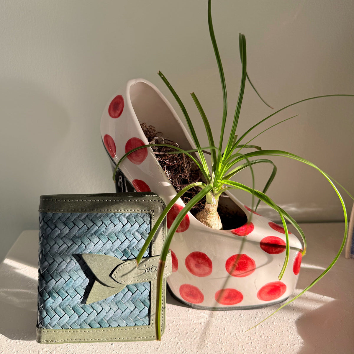 Lumi – portafoglio in pelle intrecciata a mano | Avocado & Teal con motivo intrecciato e bordi lisci accanto a un vaso in ceramica con pianta verde