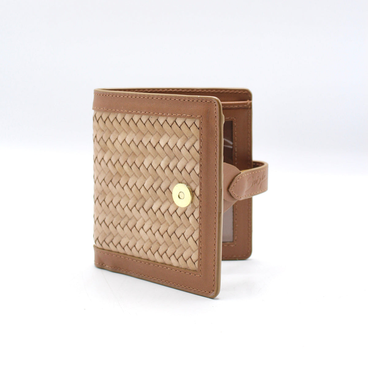Lumi - Handwoven Leather Wallet | Castanho & Taupe featuring woven leather with smooth brown leather trim and a gold-tone snap closure.