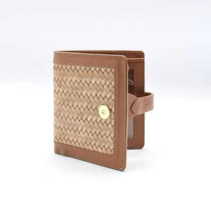 Lumi - Handwoven Leather Wallet | Castanho & Taupe featuring woven leather with smooth brown leather trim and a gold-tone snap closure.