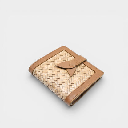 Lumi - Handwoven Leather Wallet | Castanho & Taupe featuring woven leather with smooth taupe edges and a leather strap closure detail.