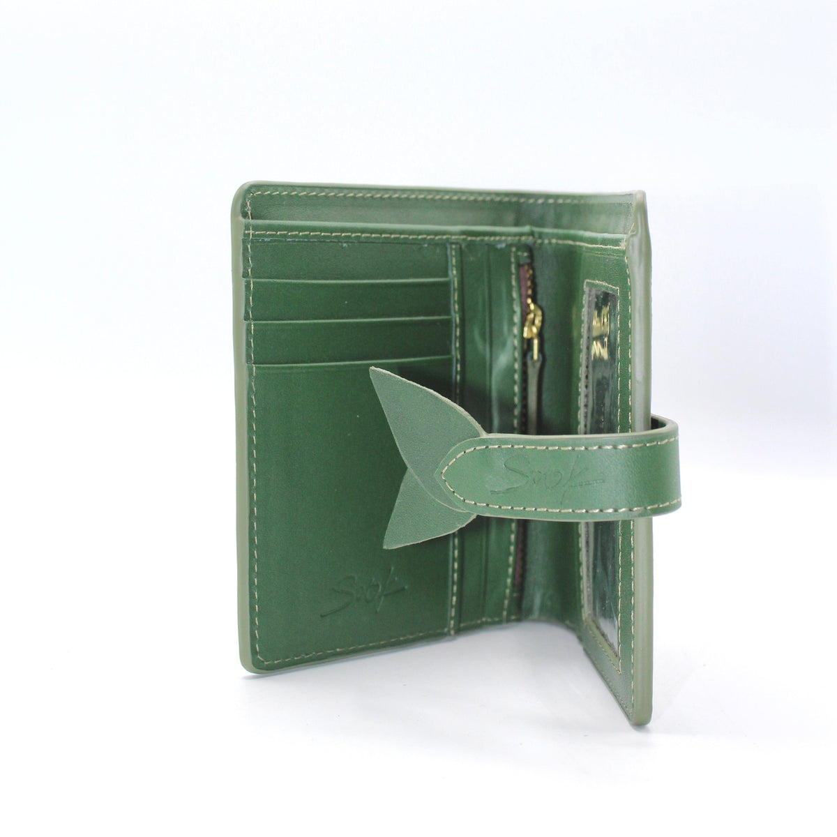 Lumi - Handwoven Leather Wallet | Green&Dark Coffee showing open green leather interior with card slots and zippered pocket details
