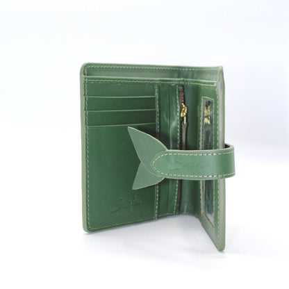 Lumi - Handwoven Leather Wallet | Green&Dark Coffee showing open green leather interior with card slots and zippered pocket details
