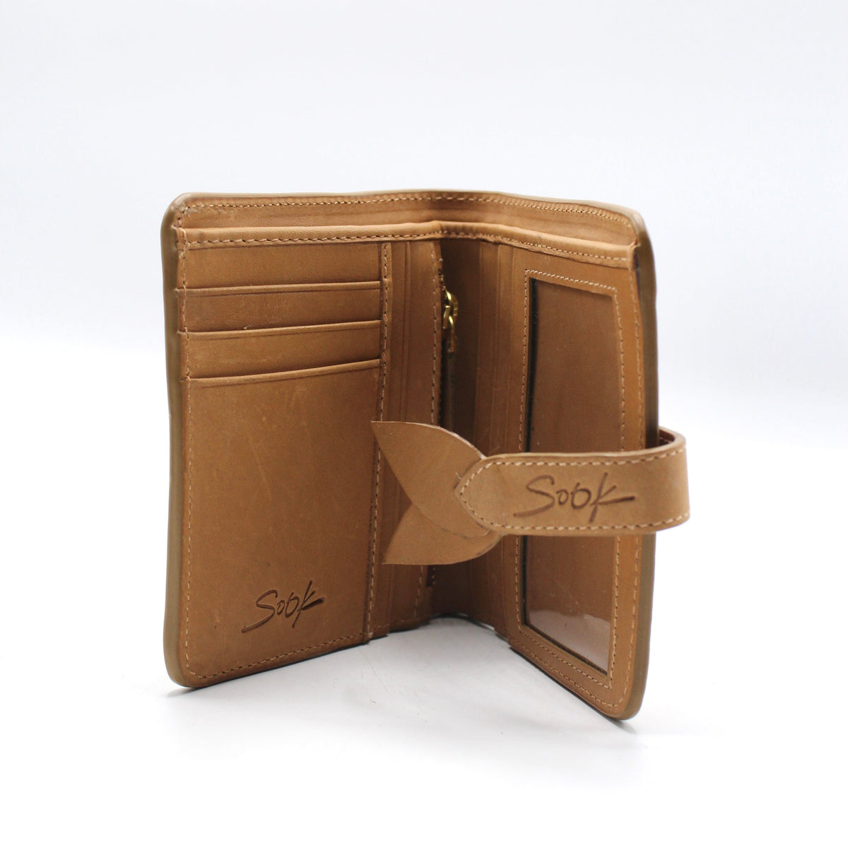 Lumi - Handwoven Leather Wallet | Taupe & Kaffee showing open wallet with multiple card slots, ID window, and smooth leather strap closure
