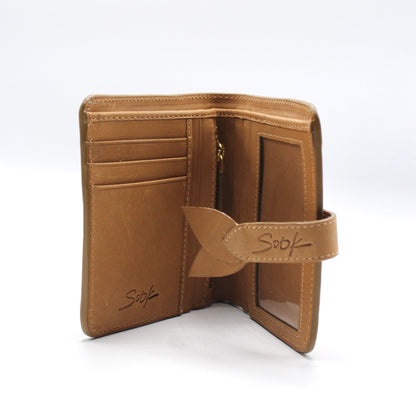 Lumi - Handwoven Leather Wallet | Taupe & Kaffee showing open wallet with multiple card slots, ID window, and smooth leather strap closure