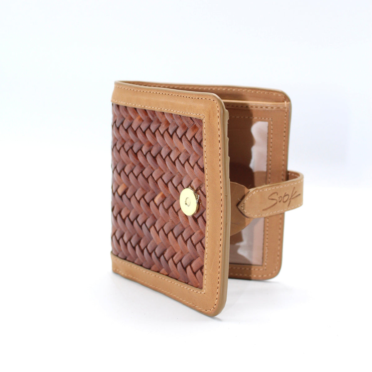 Lumi - Handwoven Leather Wallet | Taupe & Kaffee showing woven leather front with taupe leather trim and clear ID window inside.