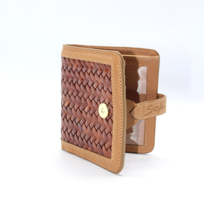 Lumi - Handwoven Leather Wallet | Taupe & Kaffee showing woven leather front with taupe leather trim and clear ID window inside.