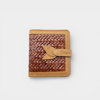 Lumi - Handwoven Leather Wallet | Taupe & Kaffee with woven coffee leather front and smooth taupe leather trim secured by a leather tab closure.