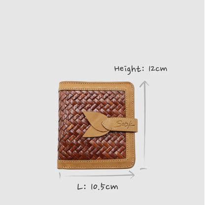 Lumi - Handwoven Leather Wallet | Taupe & Kaffee featuring woven leather texture in coffee with smooth taupe leather trim and tab closure