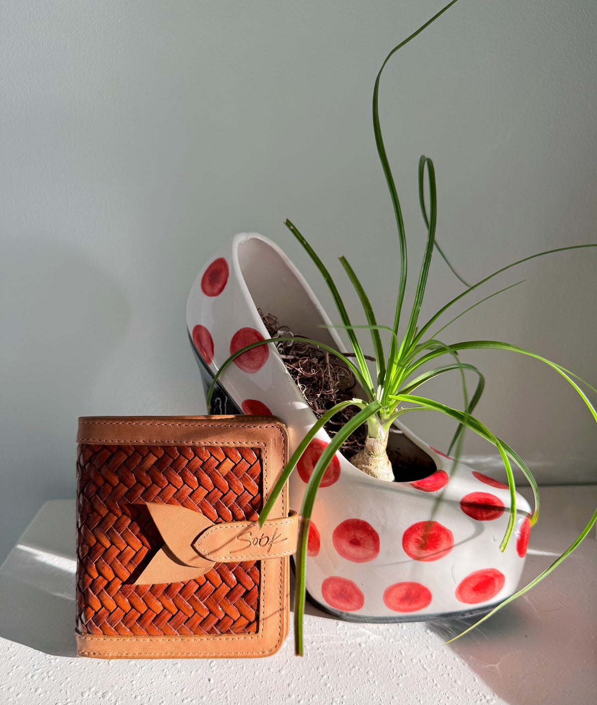 Lumi - Handwoven Leather Wallet | Taupe & Kaffee featuring woven leather texture with smooth taupe leather trim beside a white planter with red dots and green plant