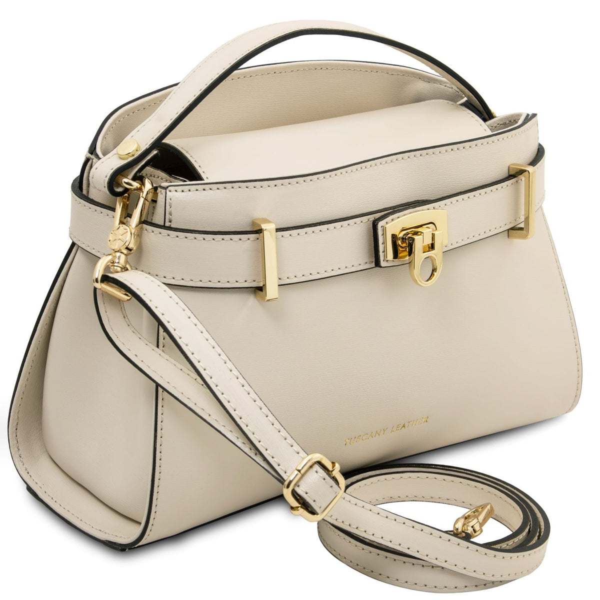 Beige handbag with gold accents on a white background