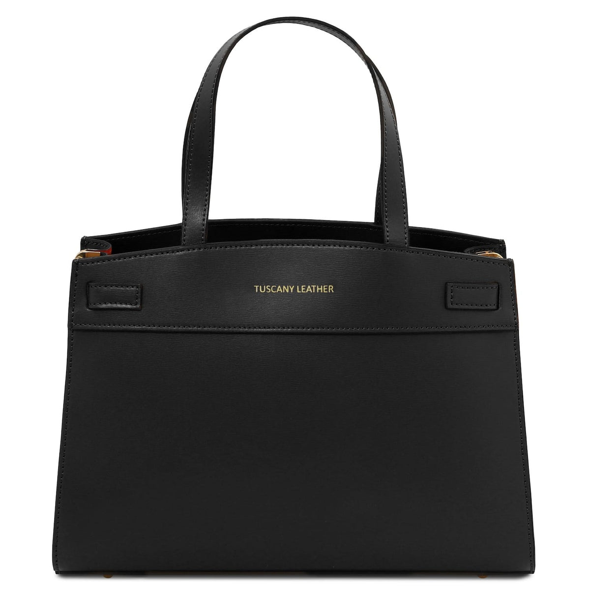 Black Musa Italian leather handbag with structured silhouette and gold hardware