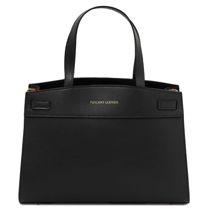 Black Musa Italian leather handbag with structured silhouette and gold hardware