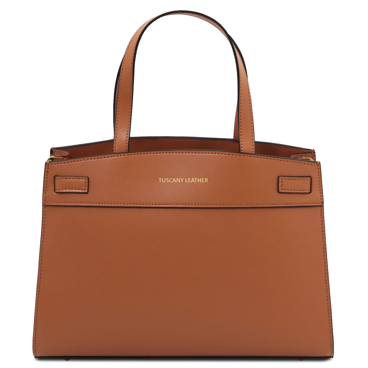 Tan Italian leather handbag with two top handles and gold branding reading TUSCANY LEATHER