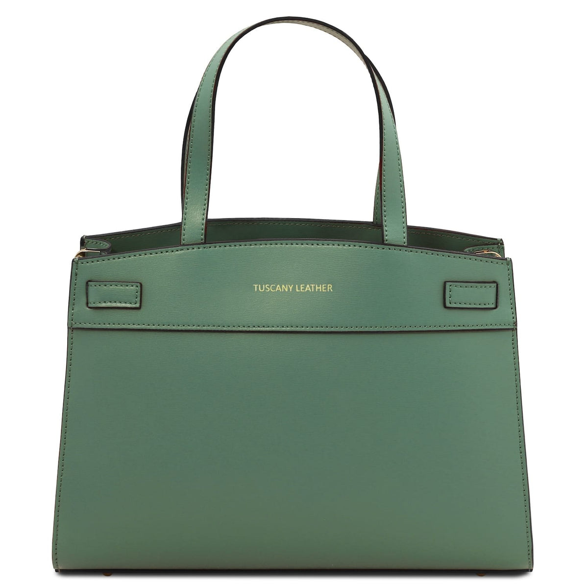 Green leather handbag with 'Tuscany Leather' branding on a white background