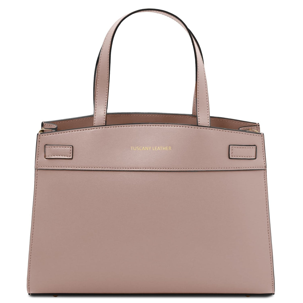 Nude pink handbag with 'Tuscany Leather' branding on a white background