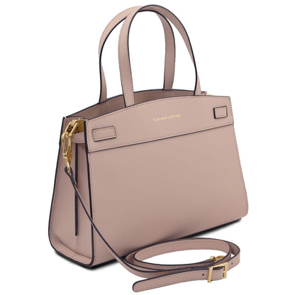 Taupe Musa Italian leather handbag with two top handles and a detachable shoulder strap