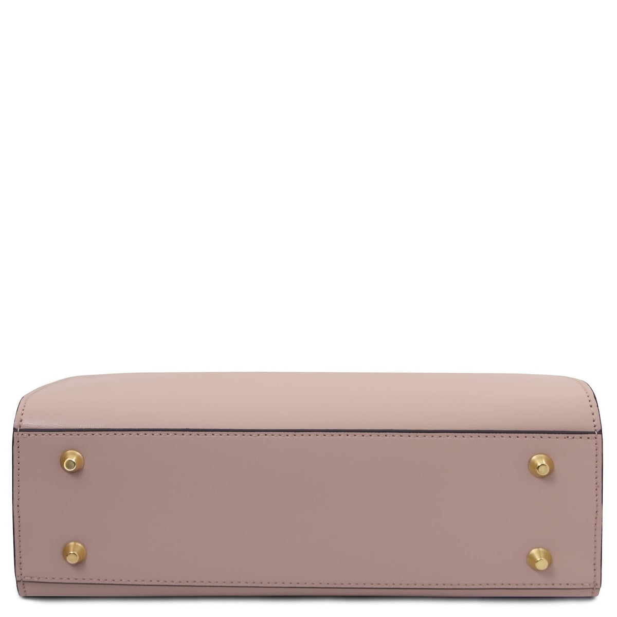 Bottom view of a blush pink Musa Italian leather handbag showing gold feet.
