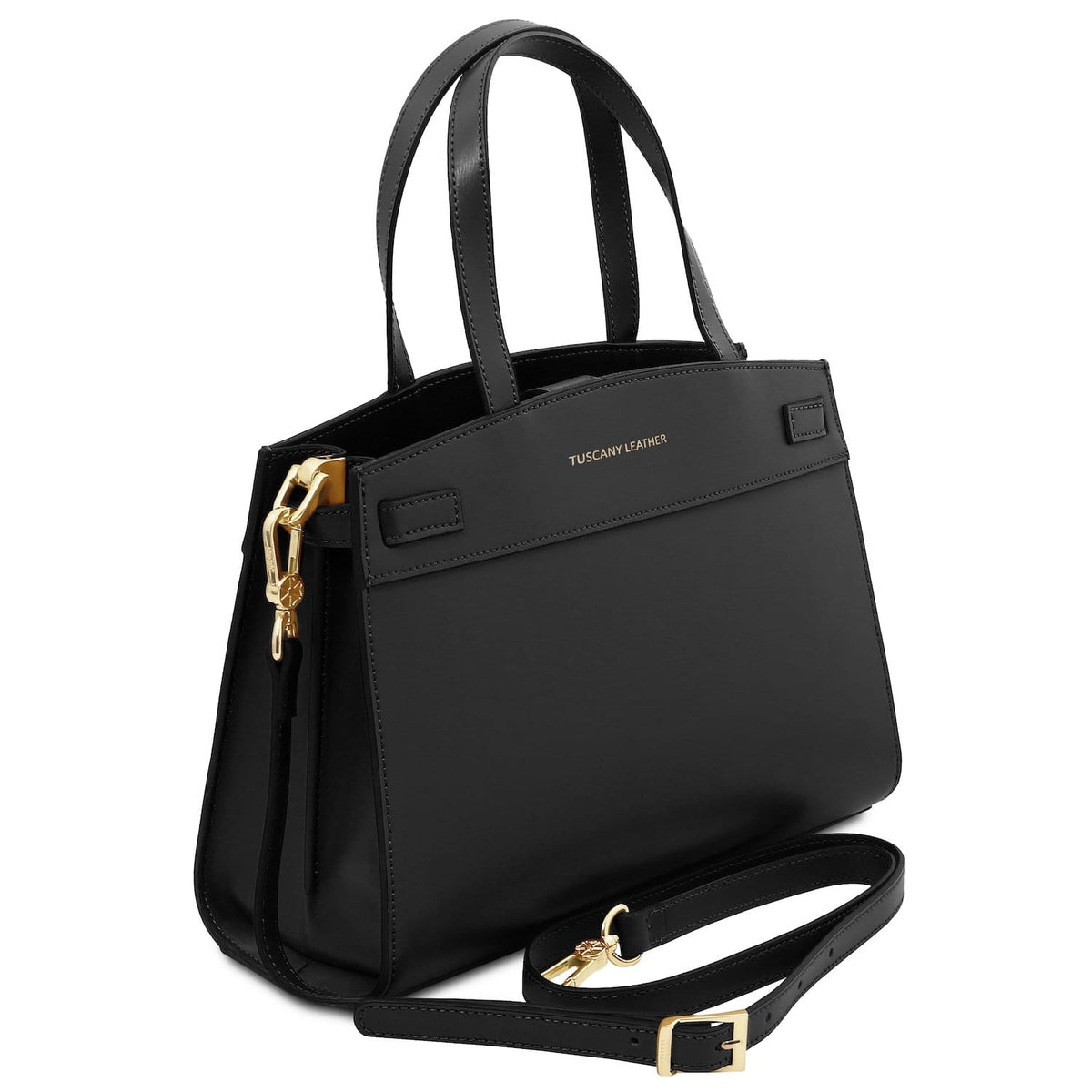 Black Musa Italian leather handbag with detachable shoulder strap and gold hardware