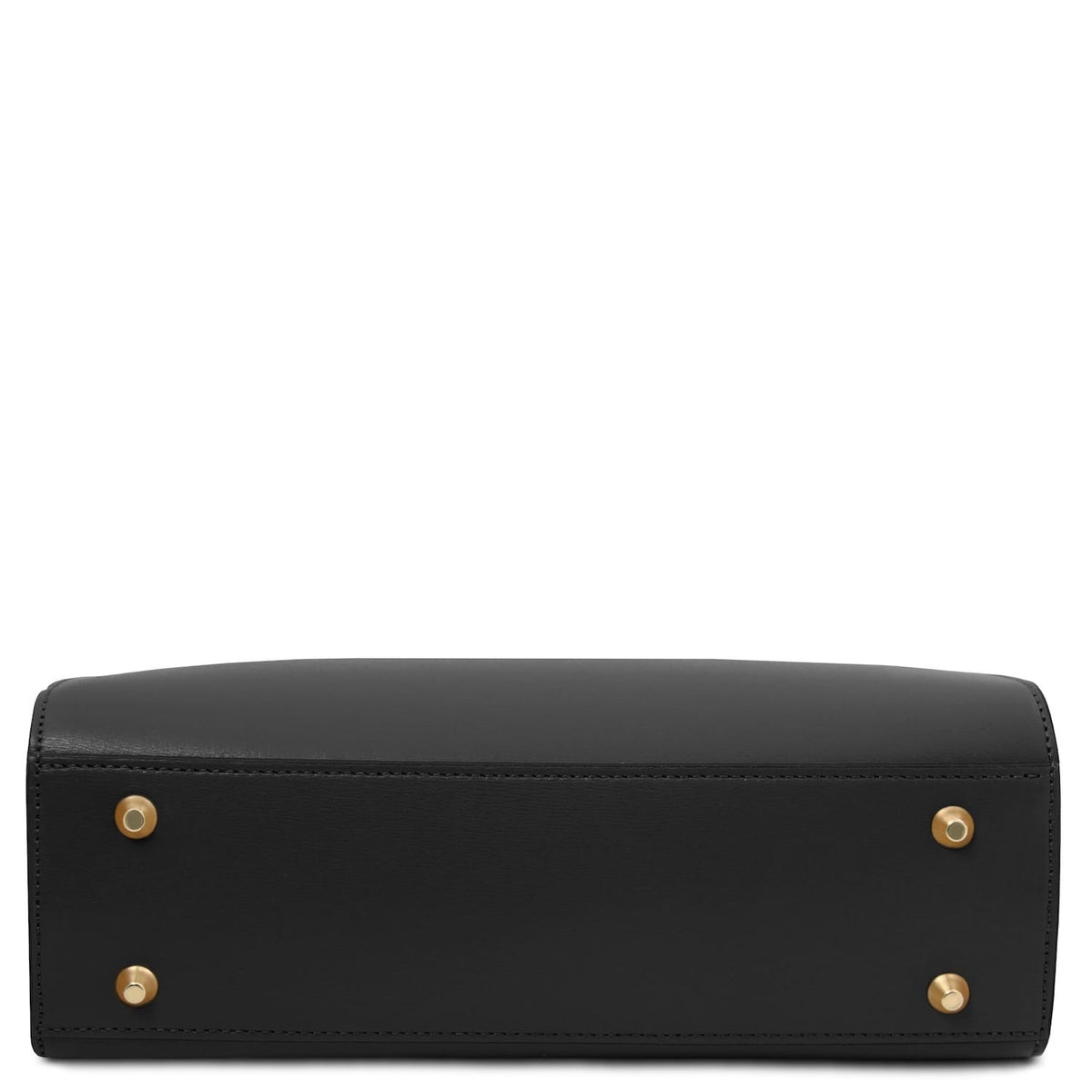Bottom view of Musa handbag showing four gold tone feet on black leather