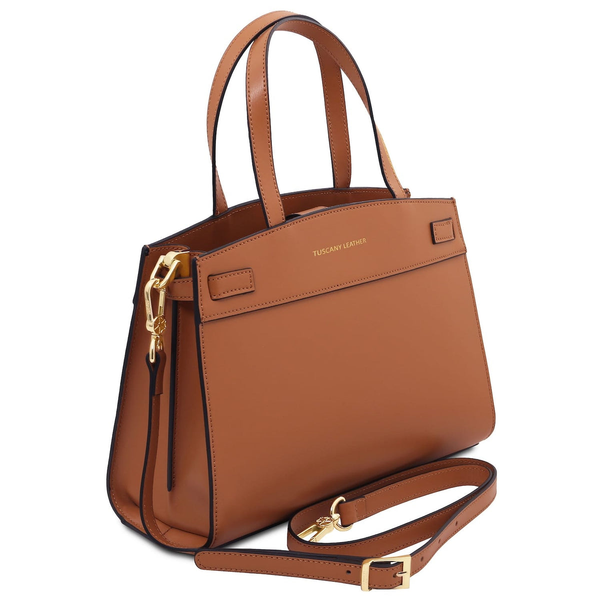 Musa Italian leather handbag in tan with two top handles, a removable strap, and gold hardware.