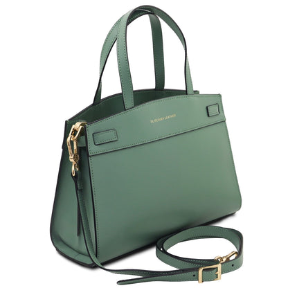 Musa Italian leather handbag in sage green with gold hardware and a detachable strap