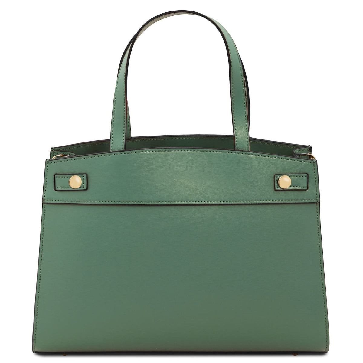 Musa Italian leather handbag in sage green shown from the front with two top handles and gold hardware