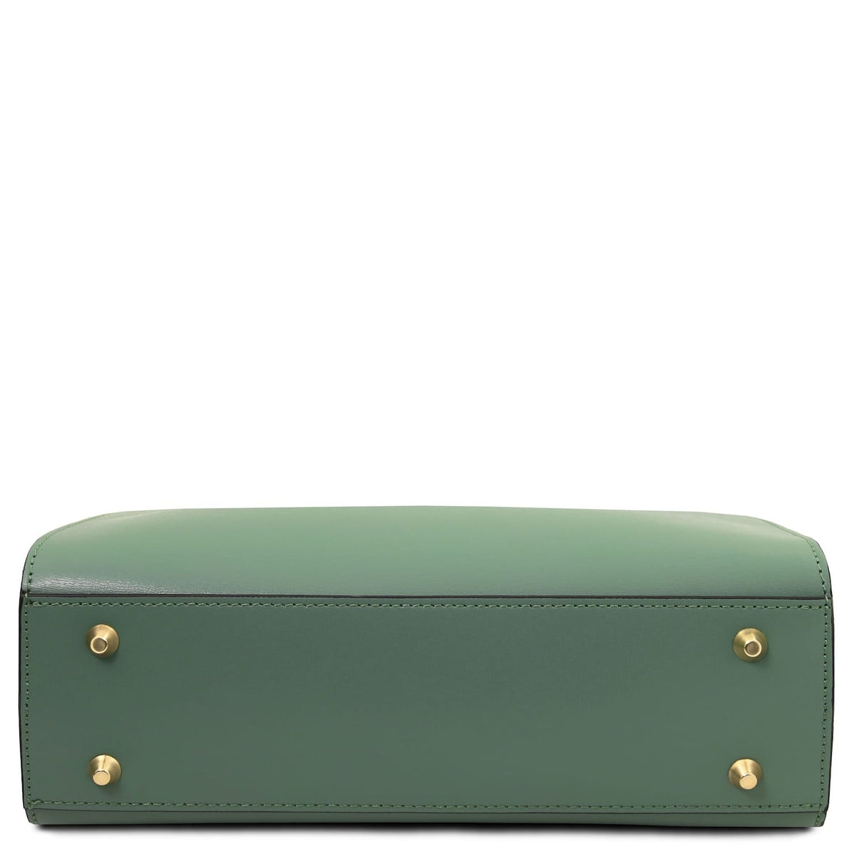 Bottom view of Musa Italian leather handbag in sage green with four gold-tone feet