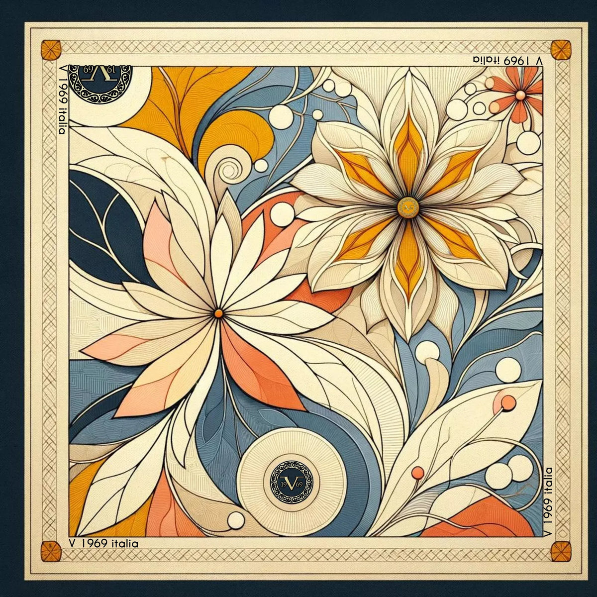 Mystic Flowers Large Square Silk Scarf (90 × 90 cm) featuring intricate floral patterns in muted orange, blue, and beige tones.