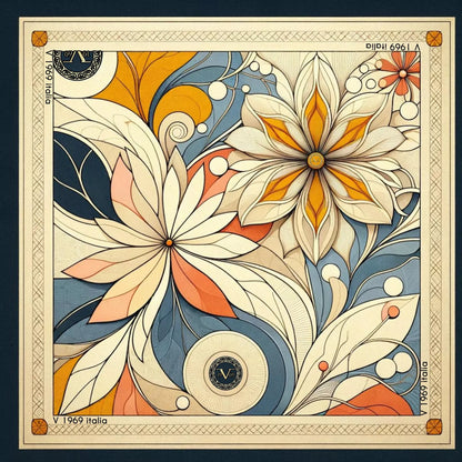 Mystic Flowers Large Square Silk Scarf (90 × 90 cm) featuring intricate floral patterns in muted orange, blue, and beige tones.