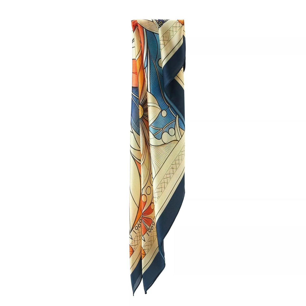 Mystic Flowers Large Square Silk Scarf (90 × 90 cm) hanging folded with detailed floral and geometric patterns in blue, orange, and cream.