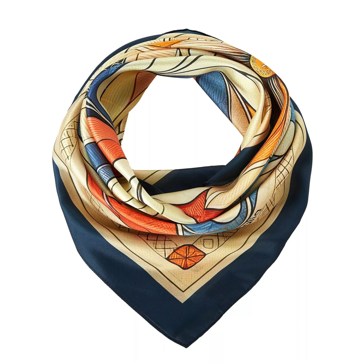 Mystic Flowers Large Square Silk Scarf (90 × 90 cm) folded with floral and geometric patterns in navy, beige, and orange tones.