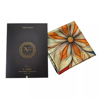 Mystic Flowers Large Square Silk Scarf (90 × 90 cm) with orange, cream, and blue floral design featuring intricate petal details and rich tones.