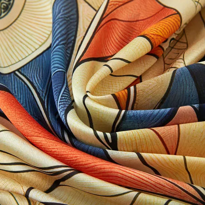 Mystic Flowers Large Square Silk Scarf (90 × 90 cm) featuring vibrant floral and abstract patterns in warm orange, blue, and cream tones.