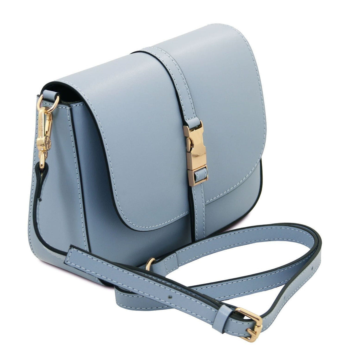 Nausica light blue leather shoulder bag with gold hardware and adjustable strap on a white background